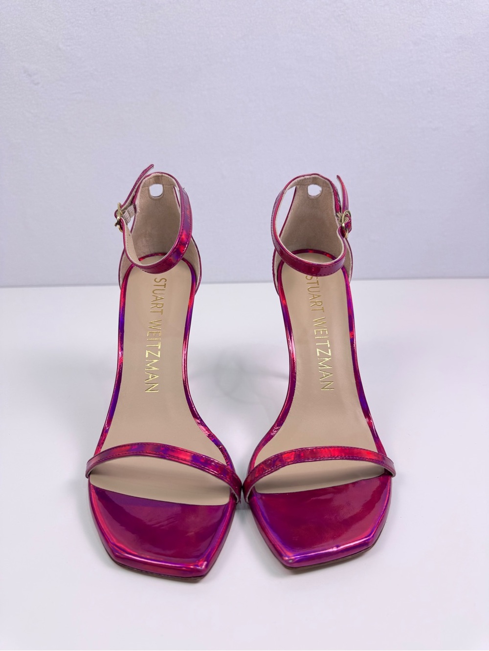 Stuart Weitzman Fuchsia Metallic Ankle-Strap Stilettos